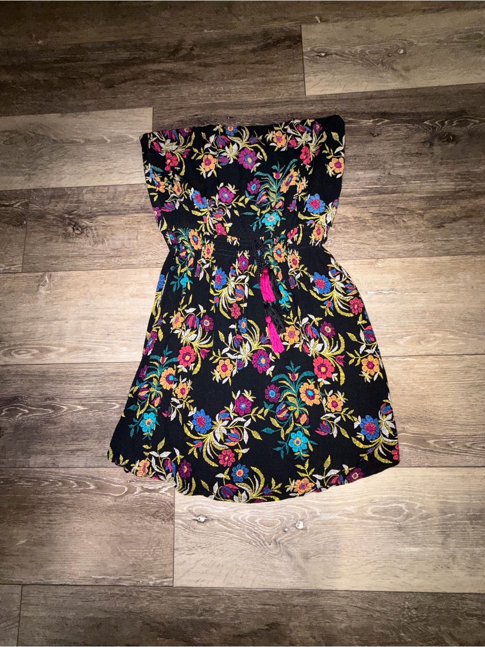 Xhilaration Black Strapless Dress with Bright Floral Print